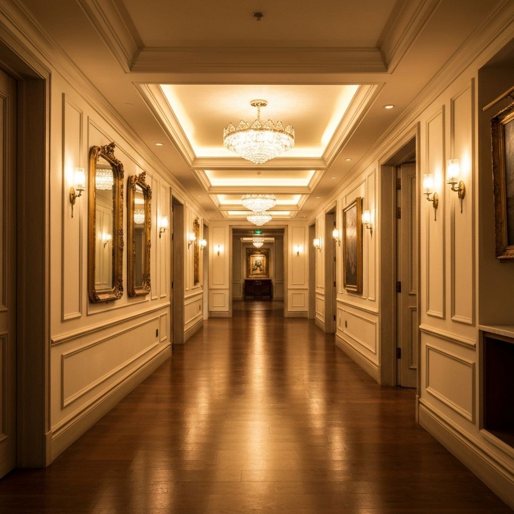 Elegant hotel corridor with warm lighting