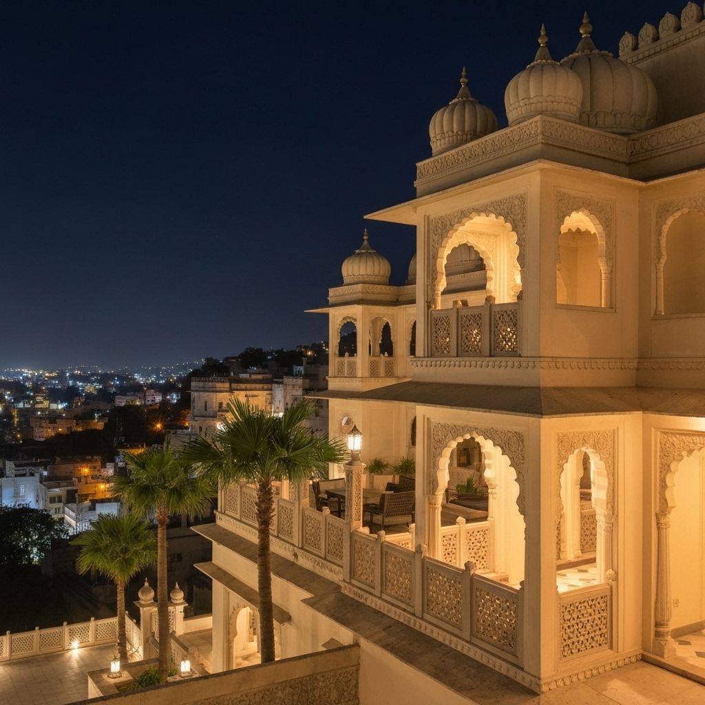 Hotel exterior illuminated at night with warm lighting