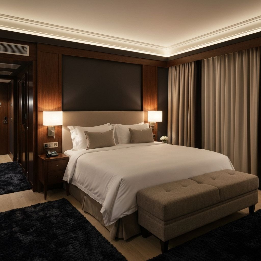 Cozy hotel bed with elegant linens and pillows