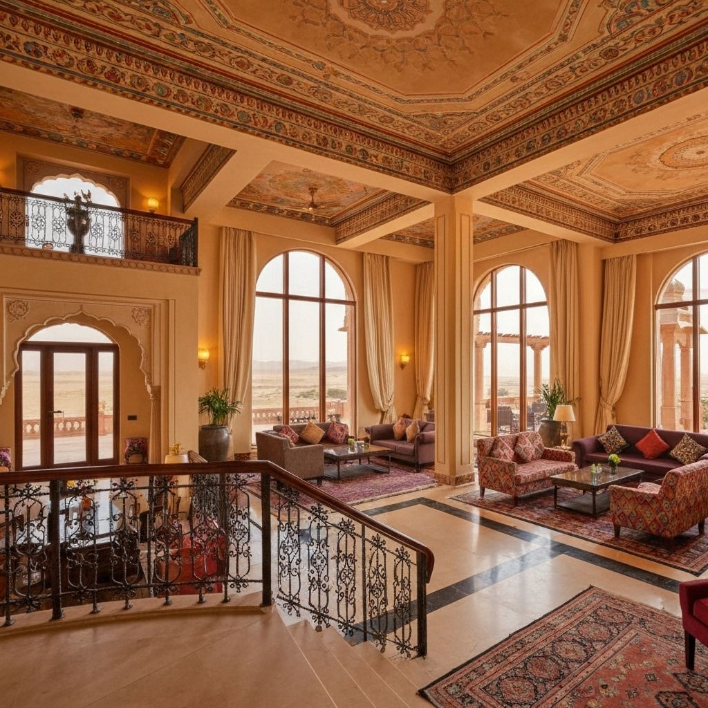 Elegant hotel lobby with traditional Rajasthani design elements