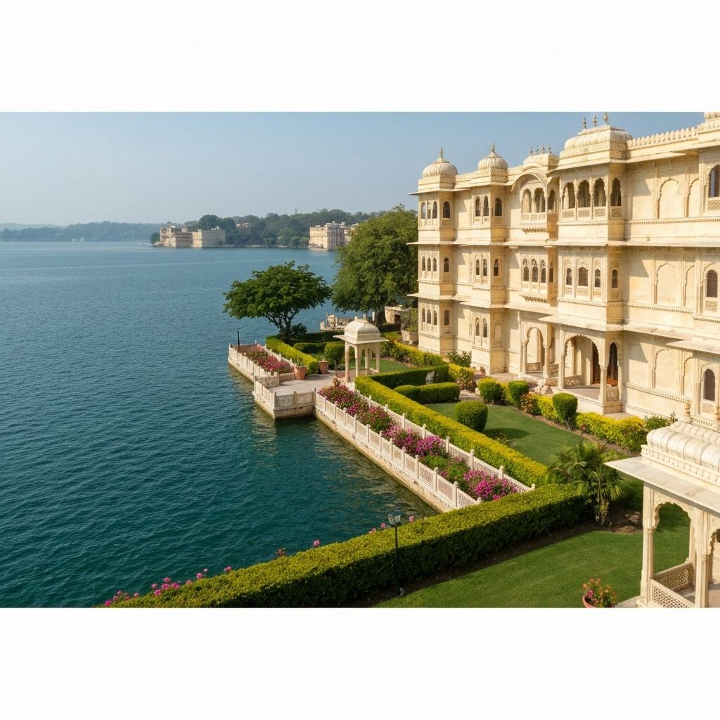 Stunning view of a lakeside palace in Rajasthan