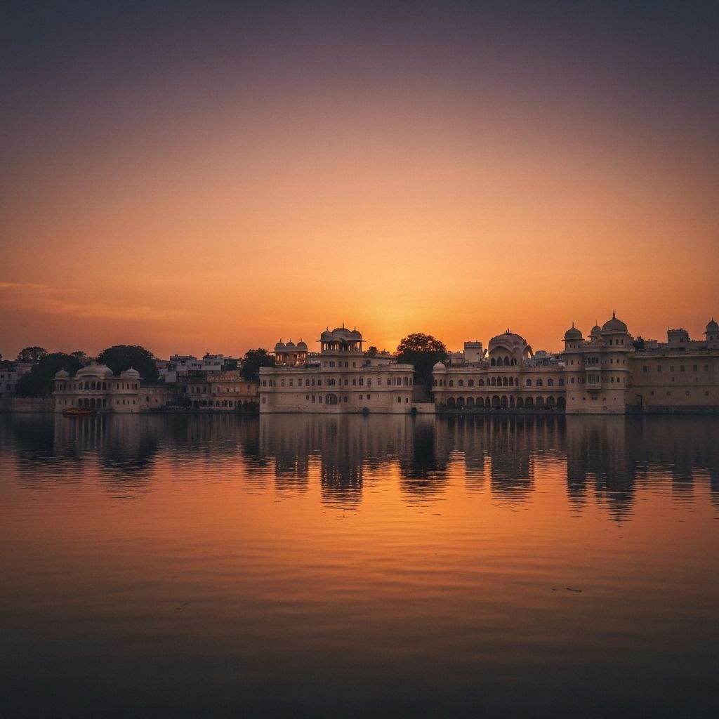 Beautiful sunset over a lakeside landscape in Rajasthan